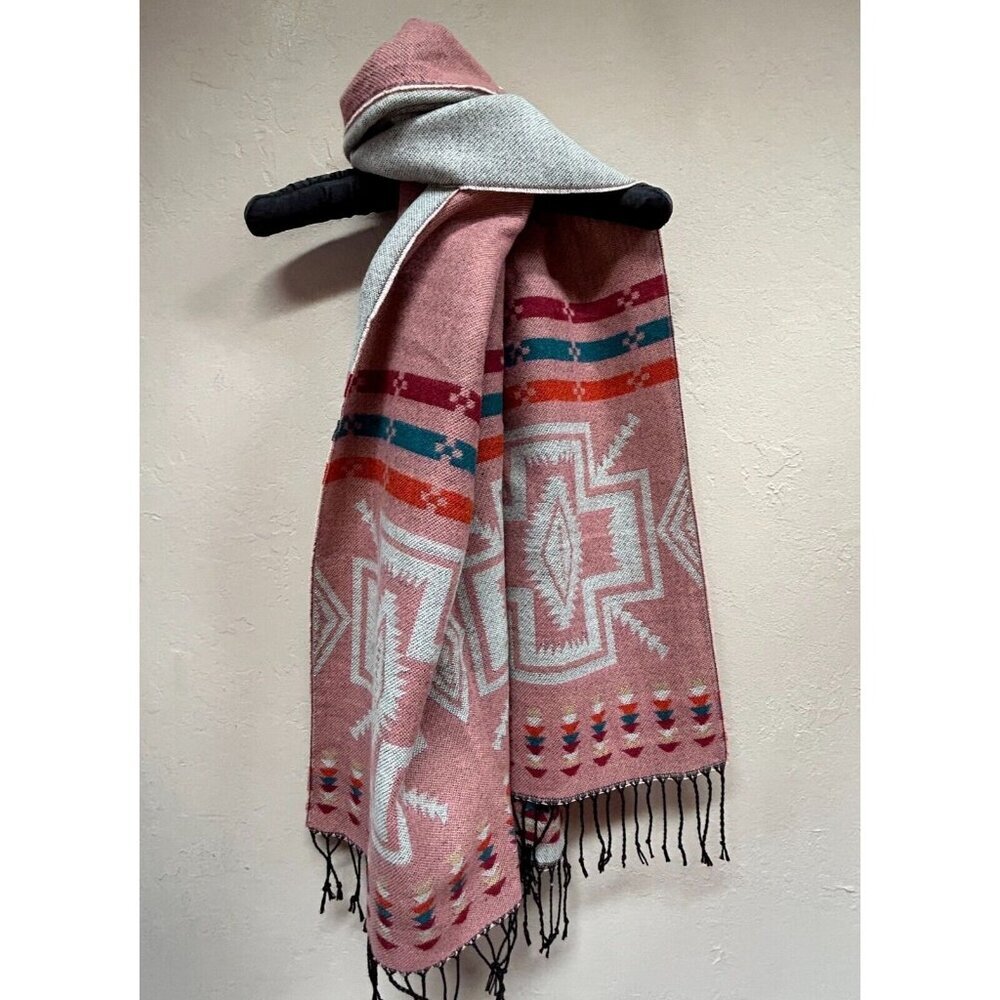 New COX Womens Scarf Fringe Trim Aztec Tribal Pattern Multicolor Lightweight $76